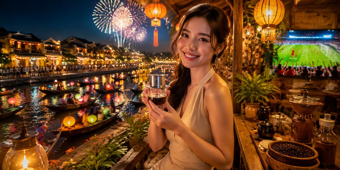 Người dùng tại Hội An xem kèo esports và đặt cược thể thao qua điện thoại trong quán cà phê