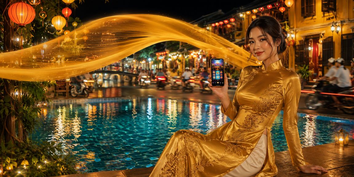Người dùng Hội An mặc áo dài đăng ký tài khoản casino trên ứng dụng di động 97win1