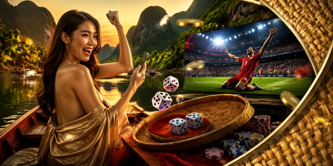 Người chơi Ninh Bình thư giãn với trò tài xỉu trong không gian truyền thống nón lá, thể hiện tinh thần chơi game giải trí lành mạnh